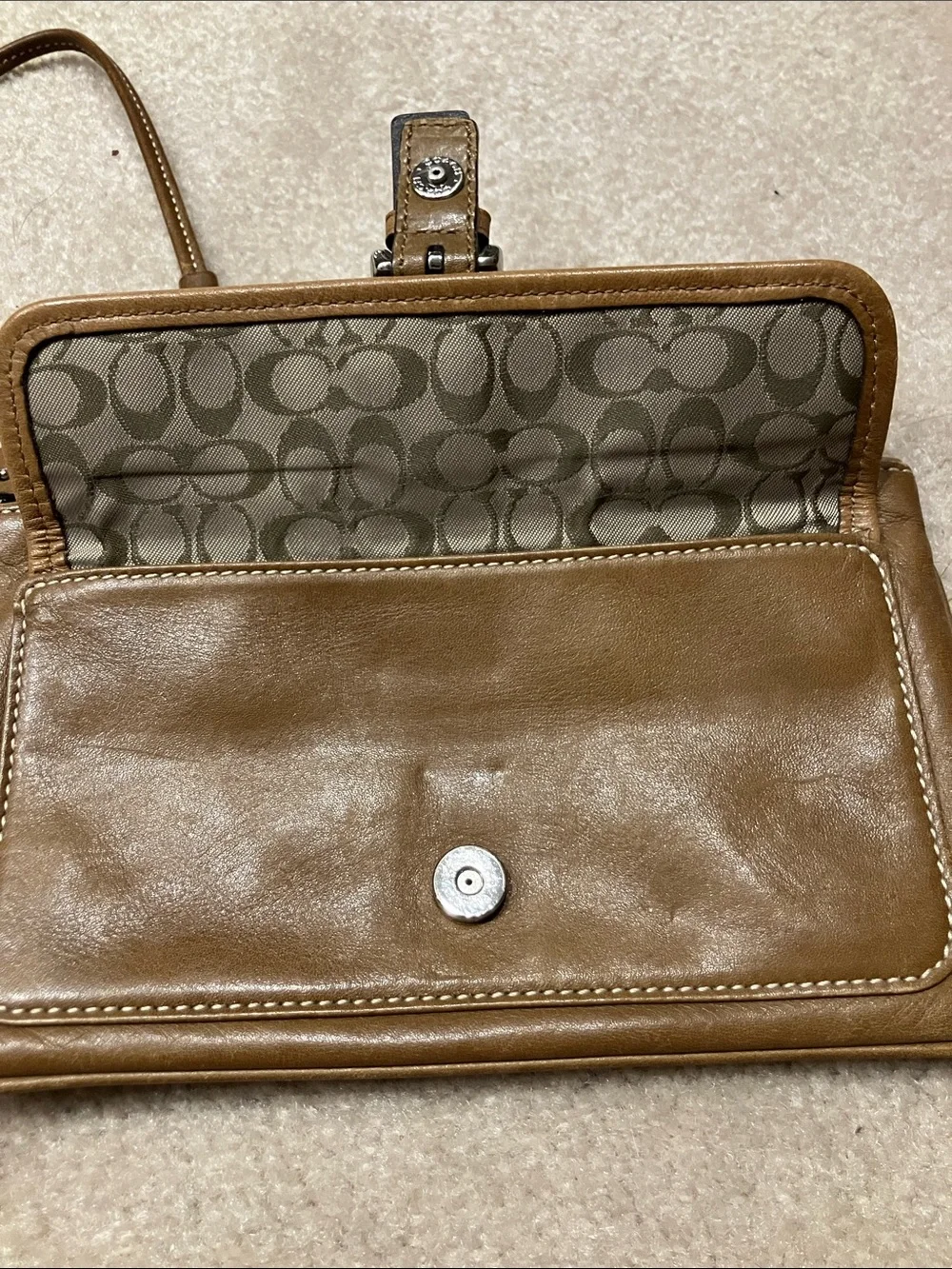 Coach Tan Leather Wristlet with Silver Buckle
